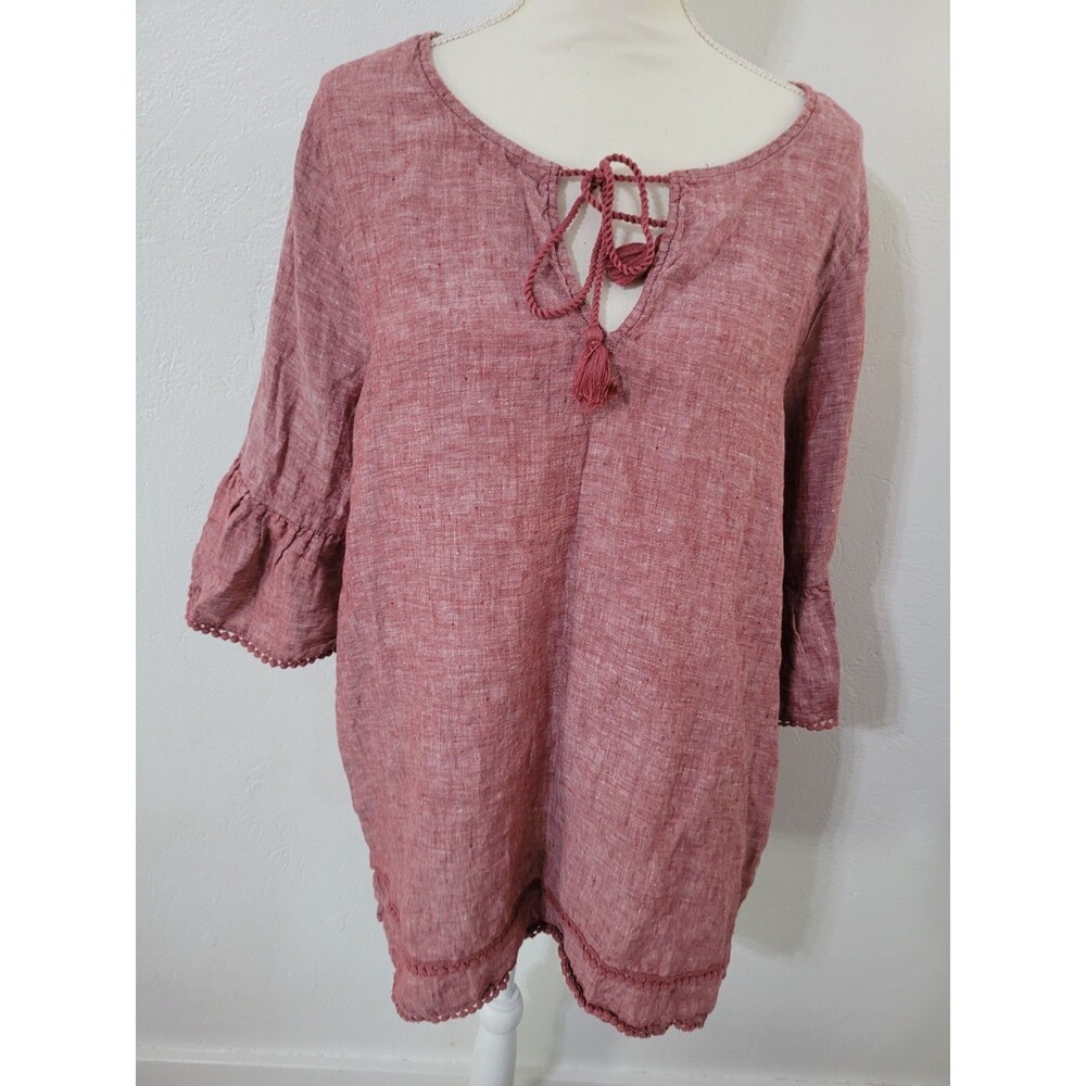 Lagenlook Linen Tunic Blouse V Neck Tie Tassel 3/4 Bell Sleeve 2XS